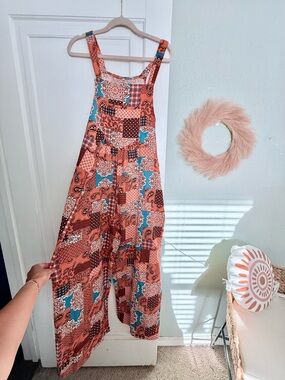 Coral Patchwork Print Wide-Leg Jumpsuit